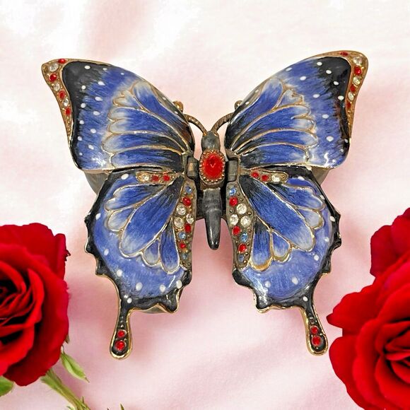 Cloisonne, Rhinestone & Enameled Butterfly Trinket Box by Kingspoint Heavy 3.25" - Picture 1 of 13
